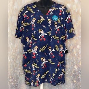 Pinocchio Cherokee Scrubs Disney Tooniforms Mens V Neck Top Sz Large NWT